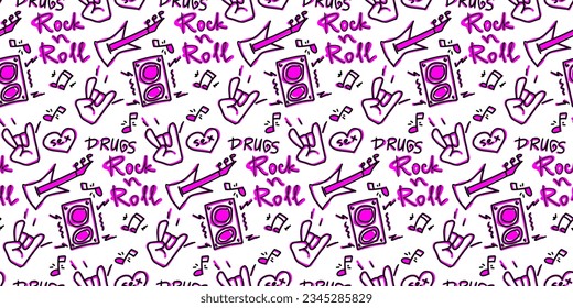 Rock n Roll seamless pattern. print for textiles, backgrounds, printing. Grunge style, hand lettered, vector illustration.