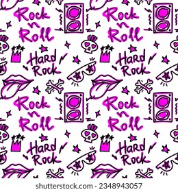 Rock n Roll seamless pattern. print for textiles, backgrounds, printing. Grunge style, hand lettered, vector illustration.