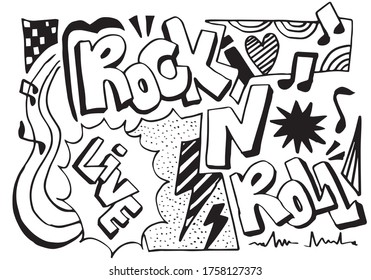 Signo de rock'n'roll y estilo doodle para banner, invitación,diseño concepto sobre fondo blanco.