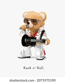 Rock-n'-Roll-Slogan mit Bärenpuppe, die Gitarre und Mikrofon hält Vektorgrafik