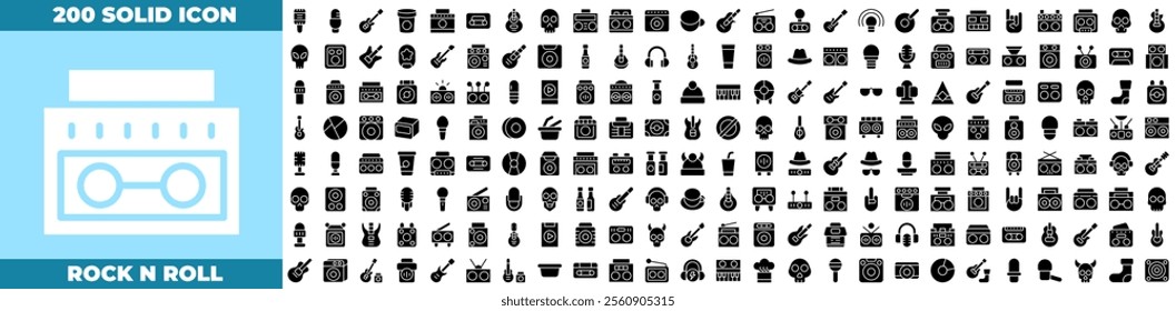 Rock N Roll Solid Editable Icons set. Vector illustration in modern thin solid style of Rock n roll icons: skull, heart, skate, gesture hand, etc