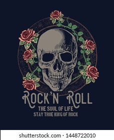 Rock n roll symbol  vector design for tee print and roses   skull