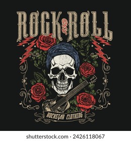 Símbolo de rock n roll. Diseño vectorial para la impresión de la camiseta con rosas y cráneo