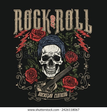 Rock n roll symbol .vector design for tee print with roses and skull