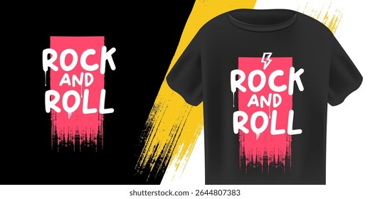 Rock N Roll T-Shirt Design Vector with bold Pink and White Grunge Text with Paint Splatters on Black Background, Ideal for Music, Streetwear, and Festival Apparel. Rock n roll logo design template