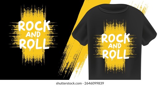 Rock N Roll T-Shirt Design Vector with bold Orange and White Grunge Text with Paint Splatters on Black Background, Ideal for Music, Streetwear, and Festival Apparel. Rock n roll logo design template