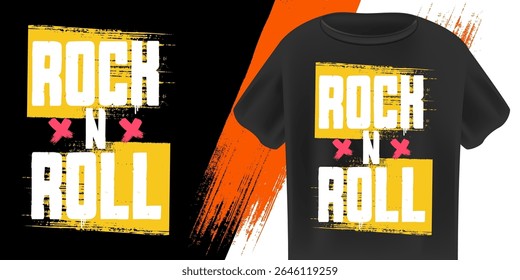 Rock N Roll T-Shirt Design Vector with bold Orange and White Grunge Text with Paint Splatters on Black Background, Ideal for Music, Streetwear, and Festival Apparel. Rock n roll logo design template