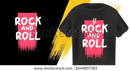 Rock N Roll T-Shirt Design Vector with bold Pink and White Grunge Text with Paint Splatters on Black Background, Ideal for Music, Streetwear, and Festival Apparel. Rock n roll logo design template