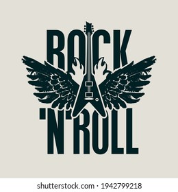 Rock 'n' roll - vector banner, logo, emblem, label or design element. Creative lettering with an electric guitar and wings on fire on a light background. Cool print for t-shirt, tattoo or graffiti