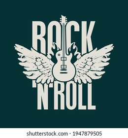 Rock 'n' roll - vector banner, emblem, label, logo, design element. Creative lettering with electric guitar and wings on fire on a dark background. Cool print for t-shirt, tattoo or graffiti