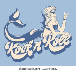 Rock' n' roll. Vector handwrittem lettering with hand drawn trendy illustration of mermaid isolated . Crteative tattoo artwork. Template for card, poster, banner, print for t-shirt, pin, badge, patch.