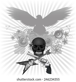 Rock n roll vector illustration background with eagle and motorcycle skull with a guitar and a gun