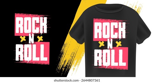 Rock 'N' Roll Vibe T-Shirt Graphic Vetor: Neon Pink e White Distressado Texto com efeito de splash no fundo escuro, perfeito para amantes da música e concerto Merch