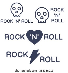 Rock n roll word with skull, heart, thunder icon hand drawn graphic set flat vector design on white background