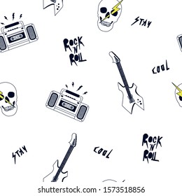Rock n roll.Rock symbol seamless pattern. Guitar, skull, tape recorder drawing.Vector illustration design for fashion fabrics and textile graphics.