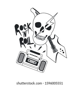 Rock n roll.Rock symbol t-shirt design. Guitar, skull, tape recorder drawing.Vector illustration design for fashion fabrics and textile graphics.