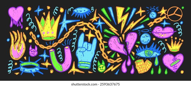 Rock neon paint set. Punk breaking heart drama doodle background. Scribble grunge hand drawn poster elements. Devil horns, fire and crown. Vector highlight marker urban street edgy wall illustration.