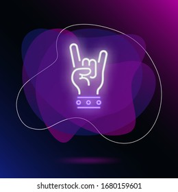 Rock neon sign. Glowing hand with two fingers in rock gesture on brick wall background. Vector illustration can be used for gesturing, communication, chatting