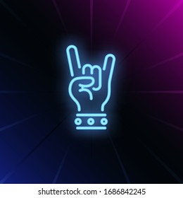 Rock neon sign. Glowing hand with two fingers in rock gesture on brick wall background. Vector illustration can be used for gesturing, communication, chatting