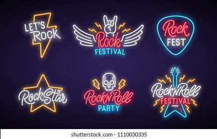 Rock Neon Signboard Set. Let's Rock. Rock Festival. Rock Star. Rock'n'roll Party. Vector Illustration.