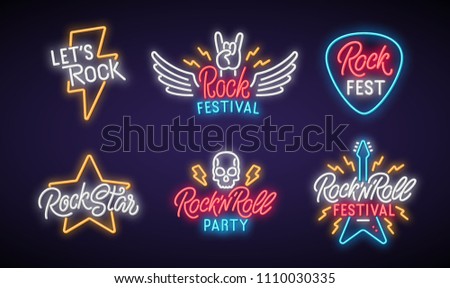 Rock neon signboard set. Let's rock. Rock festival. Rock star. Rock'n'roll party. Vector illustration.