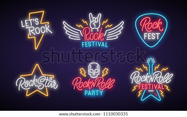 Rock neon\
signboard set. Let\'s rock. Rock festival. Rock star. Rock\'n\'roll\
party. Vector\
illustration.