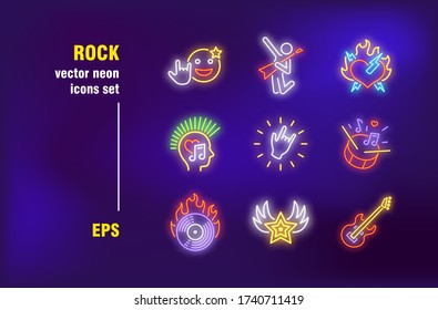 Rock neon signs set. Music, guitar and rocker. Vector illustrations for night bright advertisement. Concert and entertainment concept