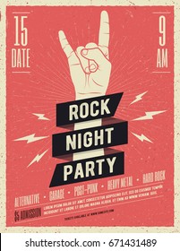 Rock Night Party Poster  Flyer  Vintage Styled Vector Illustration 