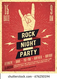 Rock Night Party Poster. Flyer. Vintage Styled Vector Illustration. 