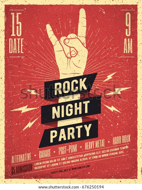 Rock Night Party Poster. Flyer. Vintage Styled Vector
Illustration. 