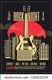 Rock night poster flyer template. Rock in the city. Giant guitar at city landscape with red moon at background. Flyer template for your live rock music event. Vector illustration.