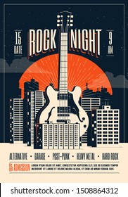 Rock Night. Poster flyer template with giant guitar in the cityscape for rock night party or concert. Vector illustration. 