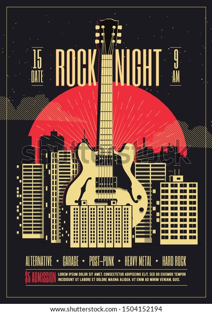 Rock night poster\
flyer template. Rock in the city. Giant guitar at city landscape\
with red moon at background. Flyer template for your live rock\
music event. Vector\
illustration.