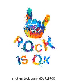 Rock is ok. Hand sign of the horns. Splash paint