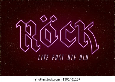 Rock Old School Heavy Metal Neon Sign Style Gothic Hand Drawn Logo and Live Fast Die Old Lettering Comic Creative Concept - Purple on Grunge Background - Vector Flat Graphic Design