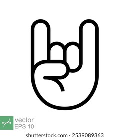 Ícone de gesto de mão de show rock on concert. Estilo de contorno simples. Hardcore, heavy metal, música, conceito punk sign. Símbolo de ilustração de vetor de linha isolado no fundo branco. EPS 10.