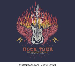 Rock on fire poster. Eagle artwork. Rock and roll vector graphic print design for apparel, stickers, posters, background and others. Music logo design. Wing with guitar art.