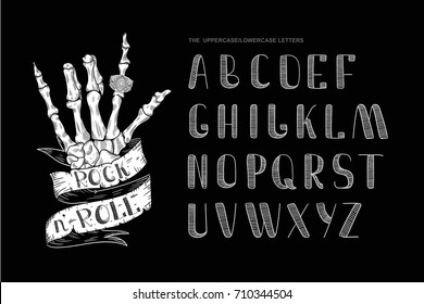 Rock on font / Skeleton Hand Rock N Roll Sign with typography on ribbon / T-shirt print / hand drawn illustration. Vector