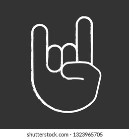 Rock on gesture chalk icon. Horns sign emoji. Devil fingers. Heavy metal hand gesture. Isolated vector chalkboard illustration