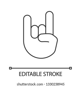 Rock On Gesture Linear Icon. Thin Line Illustration. Horns Sign Emoji. Devil Fingers. Heavy Metal Hand Gesture. Contour Symbol. Vector Isolated Outline Drawing. Editable Stroke