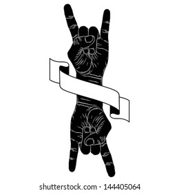 Rock on hand creative sign with two hands an ribbon, music emblem, rock n roll, hard rock, heavy metal, music, detailed black and white vector illustration.