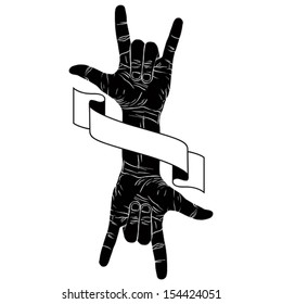 Rock on hand creative sign with two hands an ribbon, music emblem, rock n roll, hard rock, heavy metal, music, detailed black and white vector illustration.