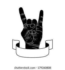 Rock on hand creative sign with ribbon, music emblem, rock n roll, hard rock, heavy metal, music, detailed black and white vector illustration.