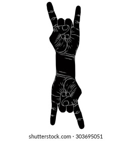 Rock on hand creative sign with two hands, rock n roll, hard rock, heavy metal, music, detailed black and white vector illustration.