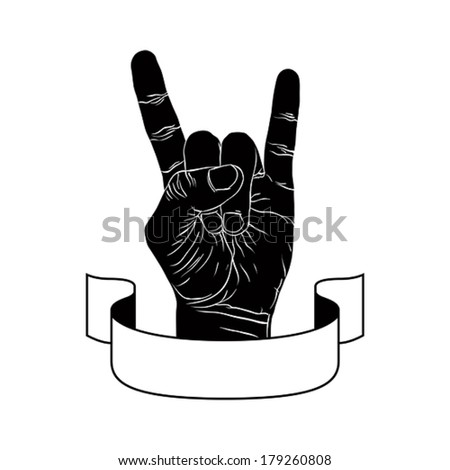 Rock on hand creative sign with ribbon, music emblem, rock n roll, hard rock, heavy metal, music, detailed black and white vector illustration.