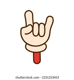 Rock on hand gesture in comic cartoon style isolated on white background. Vector illustration.
