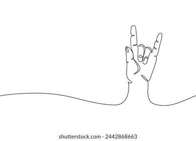 Rock on hand gesture one line drawing. Palm with fingers in rock sign, continuous line hand sign of rocker for print. Vector simple sketch