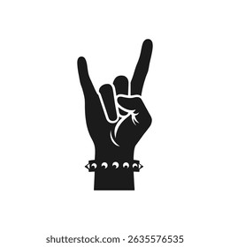 Rock On Hand Gesture Silhouette Vector Raised Fist with Studded Bracelet Black Icon for Music Festivals Concerts and Heavy Metal or Punk Rock Themes Isolated Design Element for Tshirts and Posters
