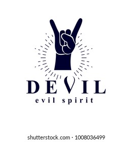 Rock on hand sign created with a devil inscription, evil spirit logo.