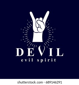 Rock on hand sign created with a devil inscription, evil spirit logo.